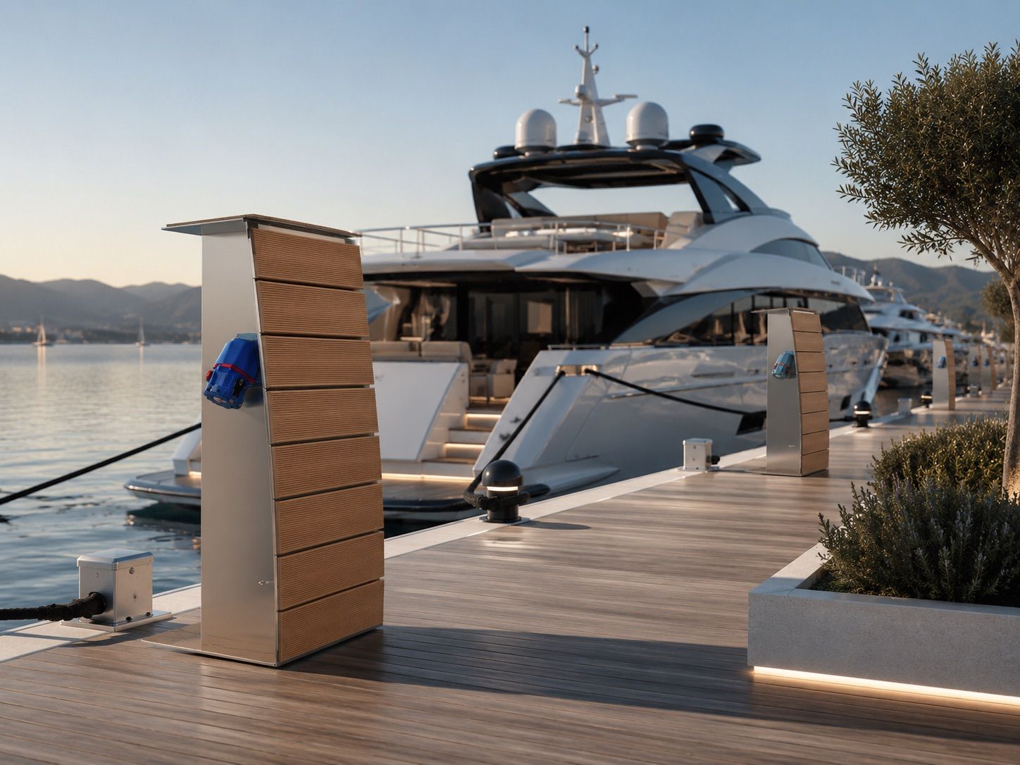 Borne multiservice Leonardo Pedestal sur un ponton, à côté d'un superyacht